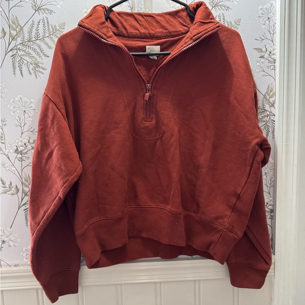 a.new day Rust Cropped Half Zip Sweatshirt (MEDIUM)